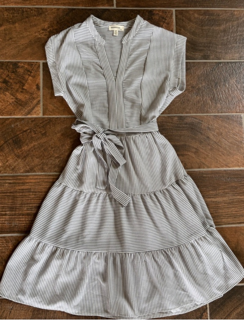 Monteau Striped V-Neck Midi Dress with Waist Tie